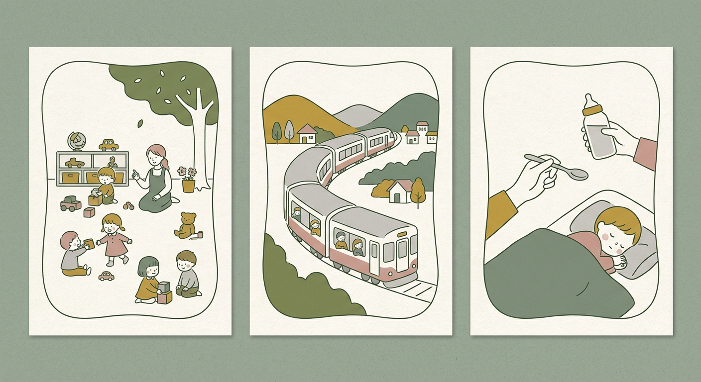 保育園・電車・薬など場面別のイメージを並べた北欧イラスト風の図