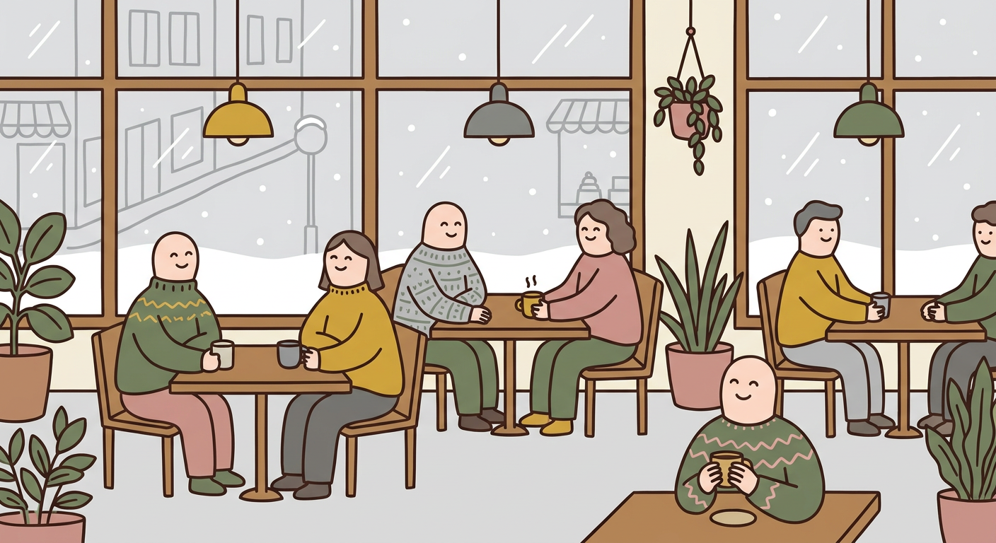 カフェで笑顔で会話する数人のシンプルな北欧イラスト