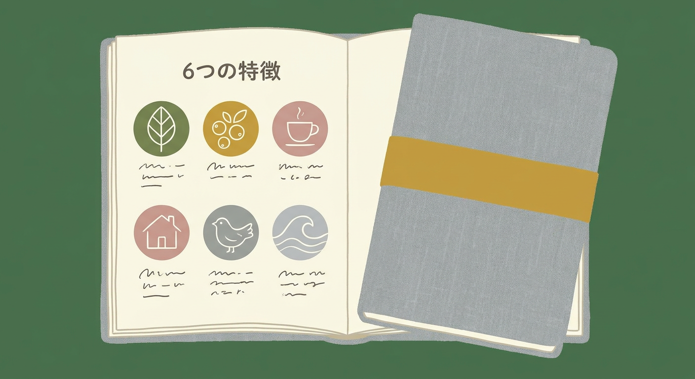 手帳に「6つの特徴」と書かれたメモ風イラスト（北欧テイスト）