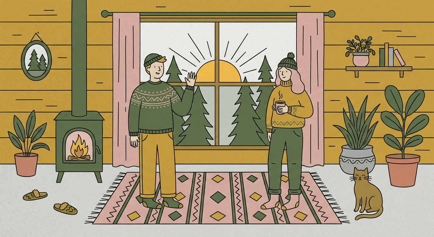 朝の挨拶をしているシンプルなイラスト（北欧テイスト）