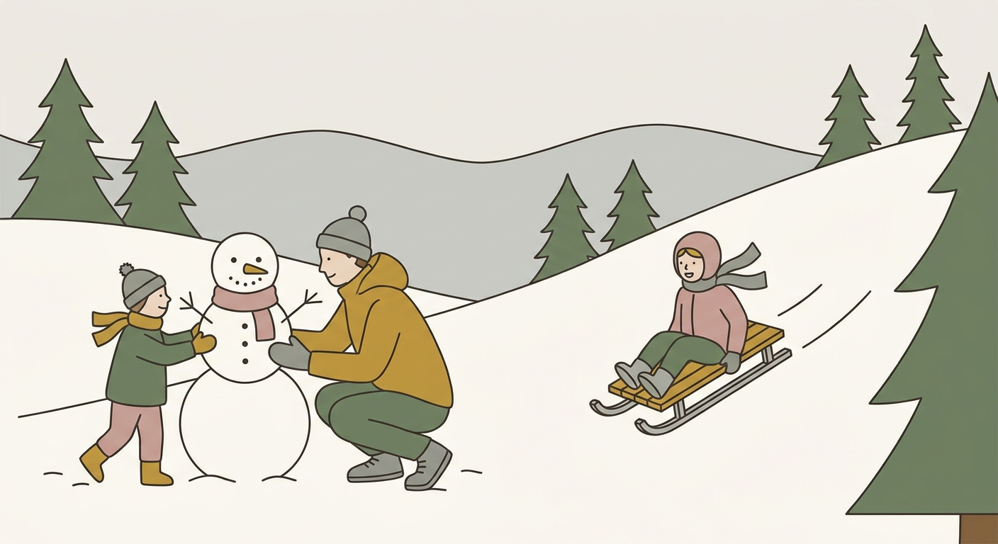 子供がゲレンデで雪遊びをする家族のイメージ