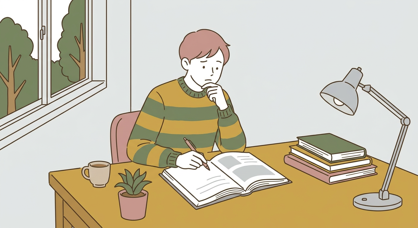 卒業文集のページを開いて題名を考える生徒の机のイラスト