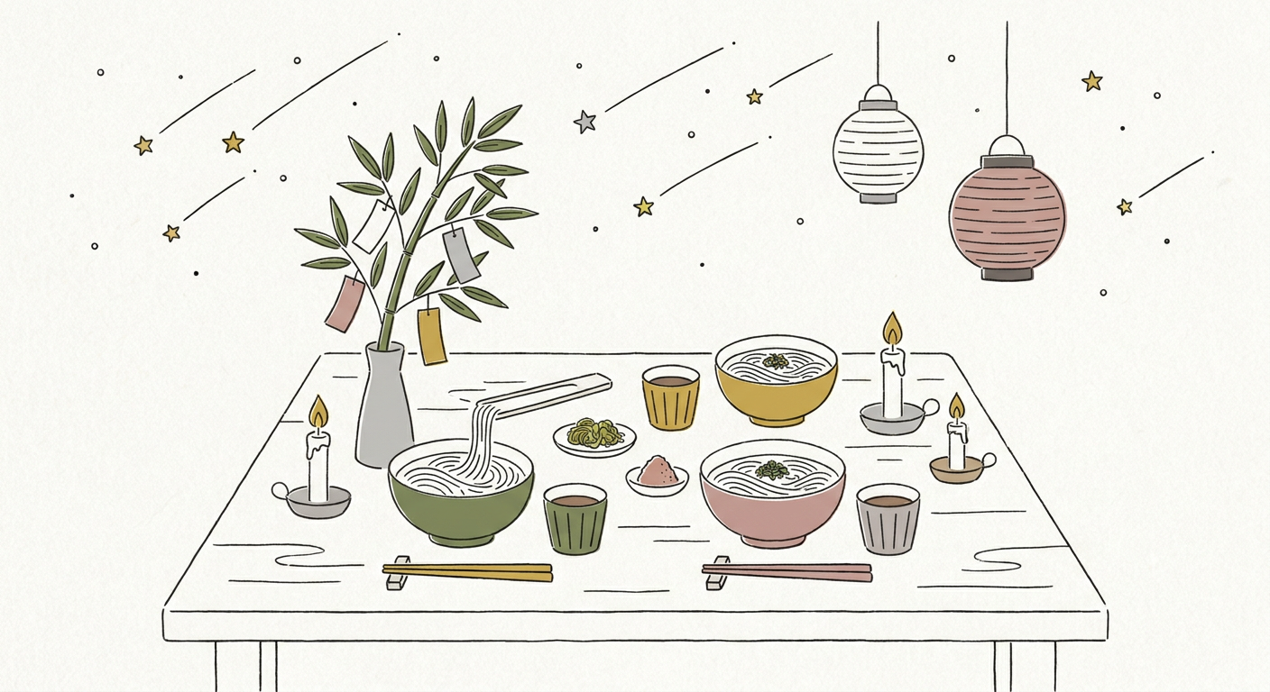星空とそうめん、和の食卓をイメージした七夕の夜の北欧イラスト風