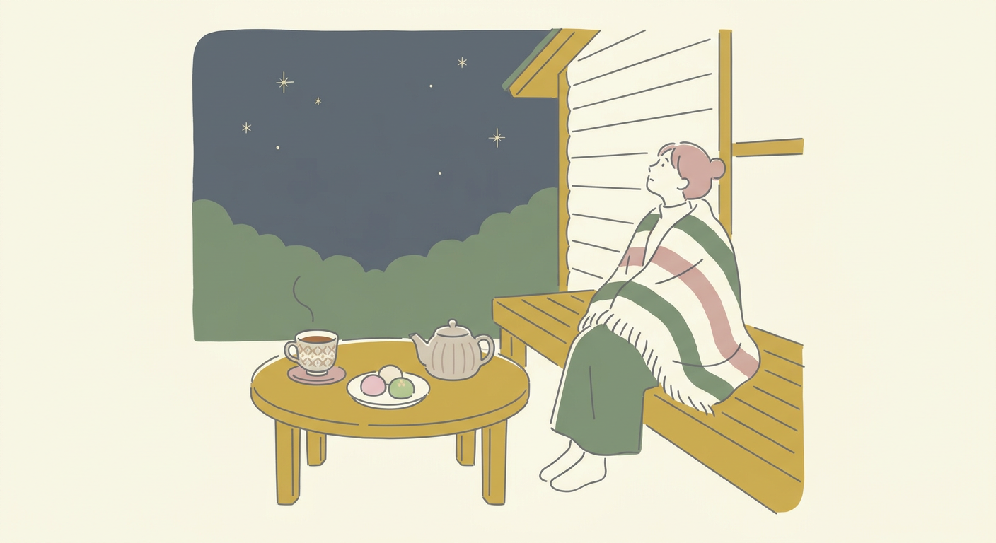 和菓子とお茶、夜空を眺める一人時間をイメージした北欧イラスト風