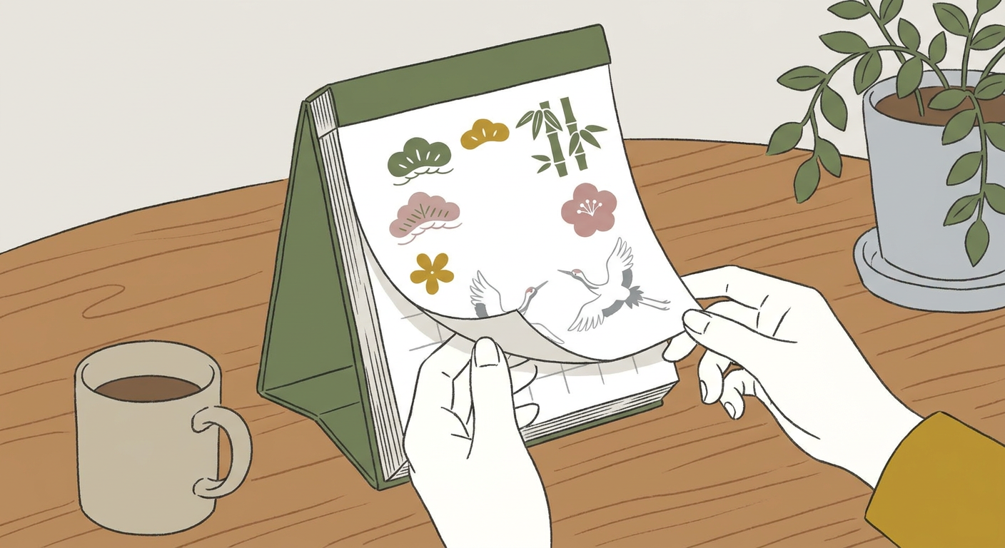 和風カレンダーや暦をめくる手元のイラスト