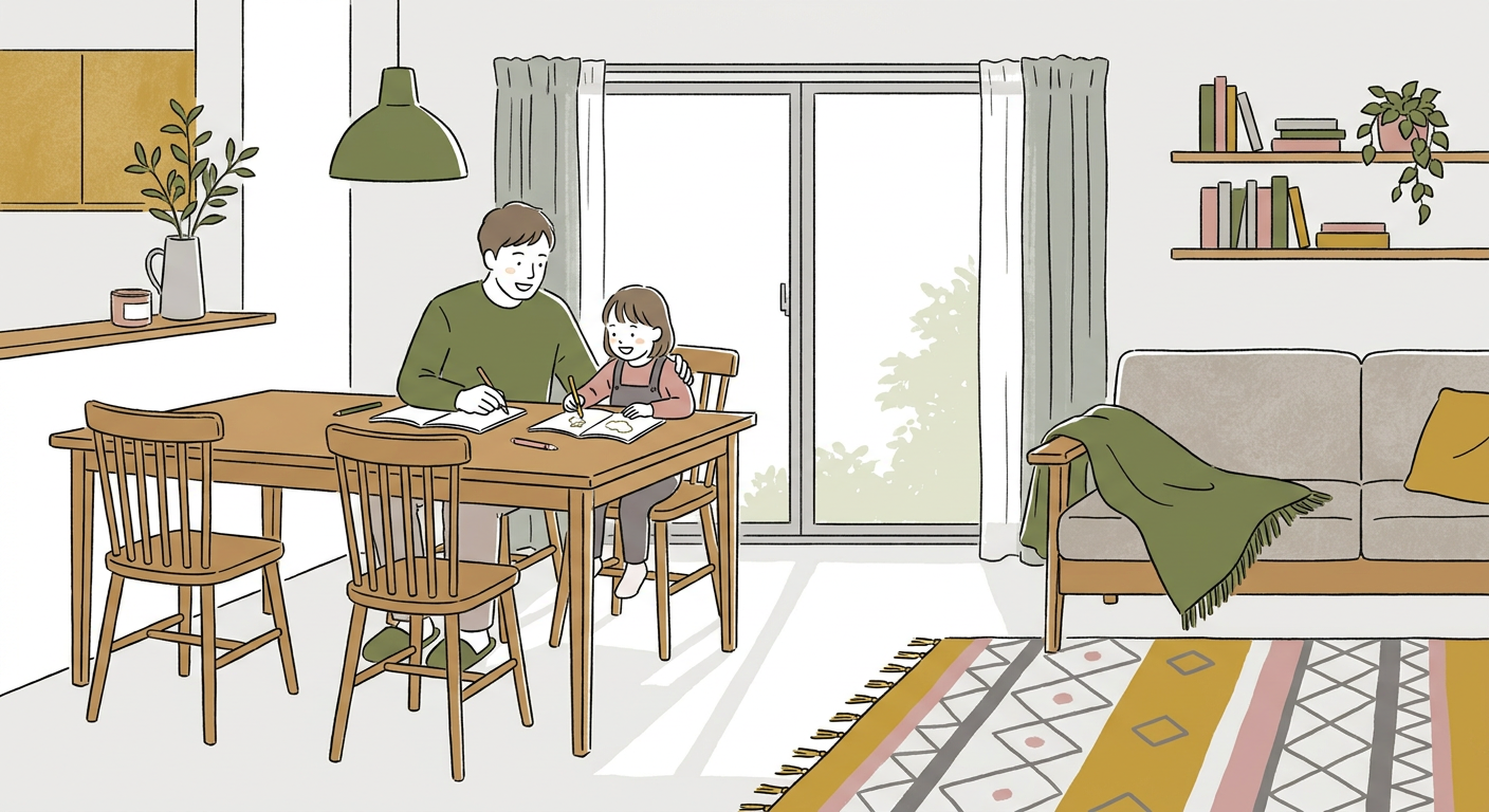 親子で宿題に取り組むやわらかい雰囲気のリビング学習シーン 北欧イラスト風