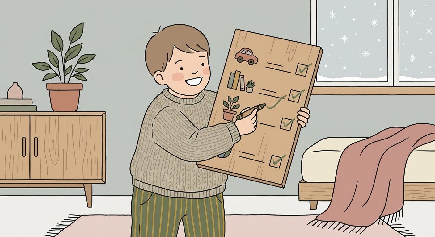子どもがチェックリストに印を入れて達成感を感じている様子 北欧イラスト風