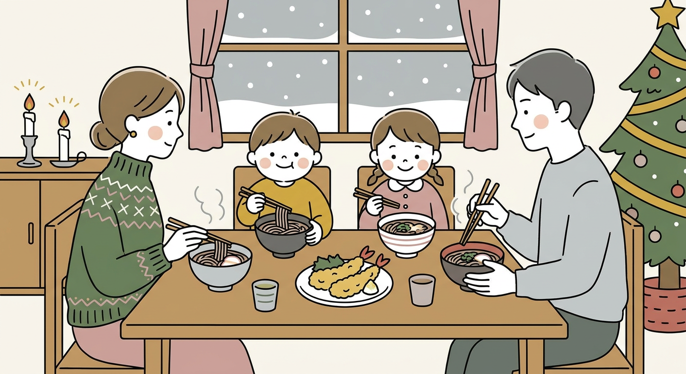 大晦日の夜に湯気の立つ年越しそばを家族で食べるイメージ（北欧イラスト風）