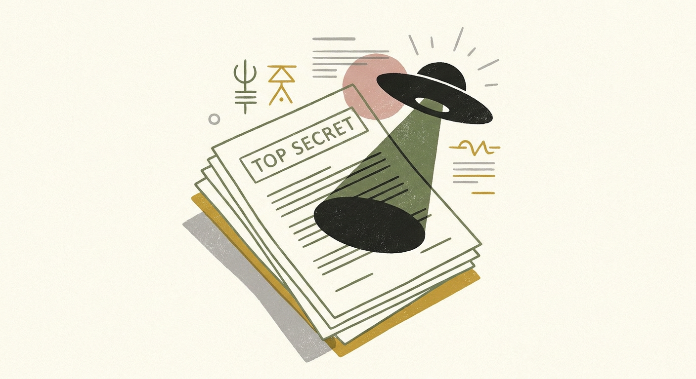 機密文書のイメージ（書類とUFOのシルエット）