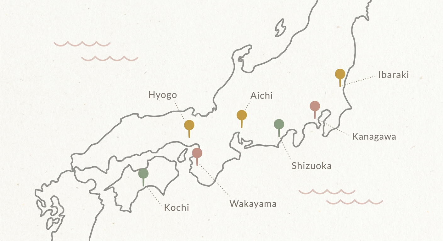 北欧イラスト風で日本地図に生しらすの産地（神奈川・静岡・兵庫・愛知・茨城・和歌山・高知）をピンで示したシンプルなマップ
