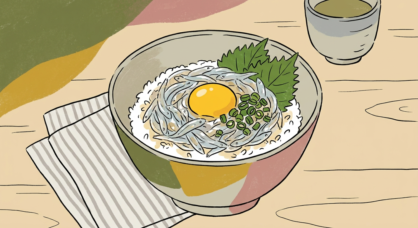 北欧イラスト風で温かみのある生しらす丼のイラスト 卵黄と刻みネギ大葉が乗っている