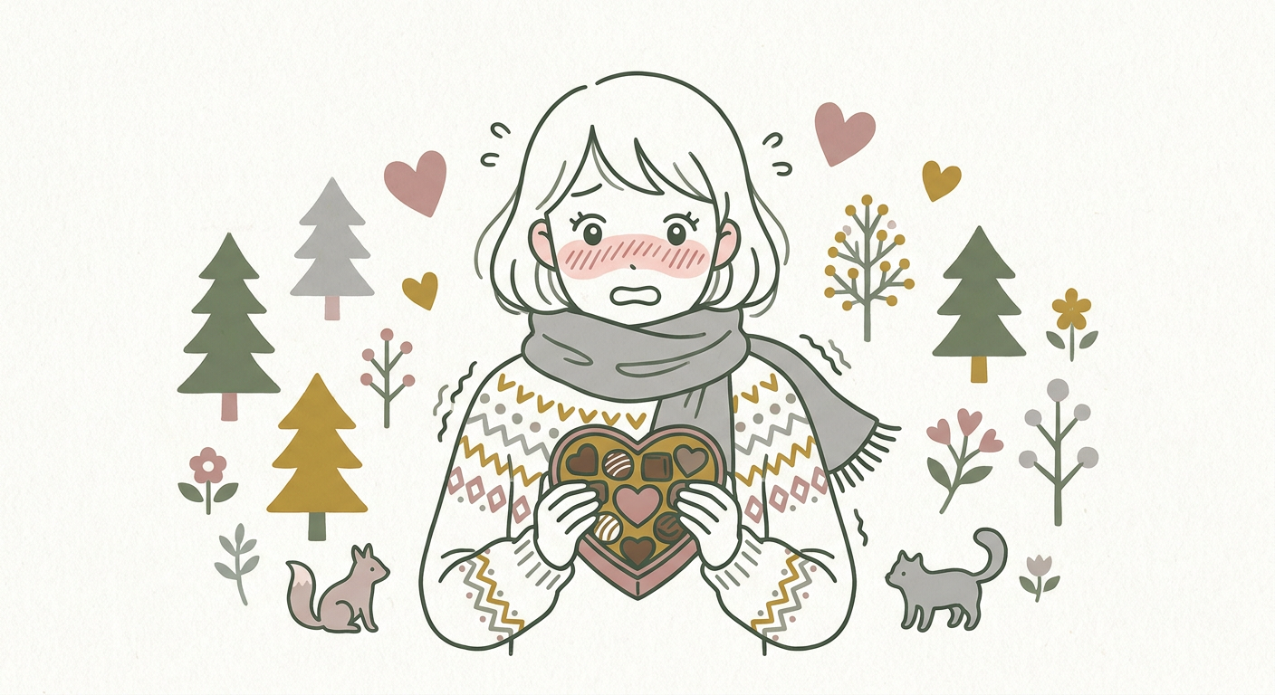 バレンタインのチョコを前にドキドキしている若い女性のイラスト