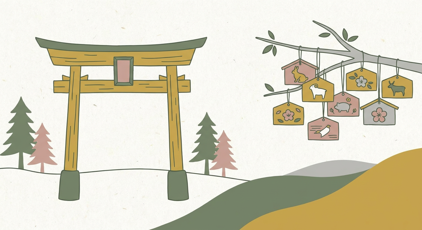 神社の鳥居と絵馬のイメージ（北欧イラスト風）