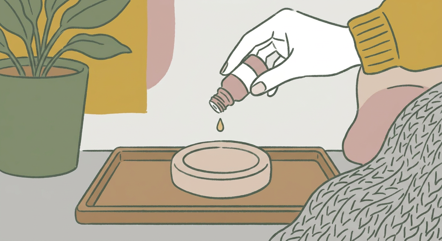 北欧イラスト風。素焼きのアロマストーン（シンプルな形）にアロマオイルを一滴垂らす様子。くすみカラーのやわらかい線画で、火を使わない安心感が伝わる構図