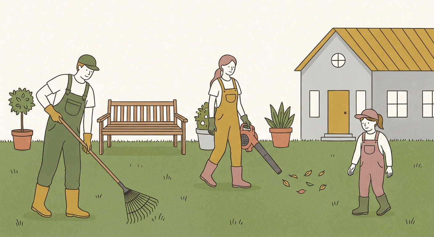 人工芝のメンテナンスをする人のイメージイラスト、北欧風くすみカラー