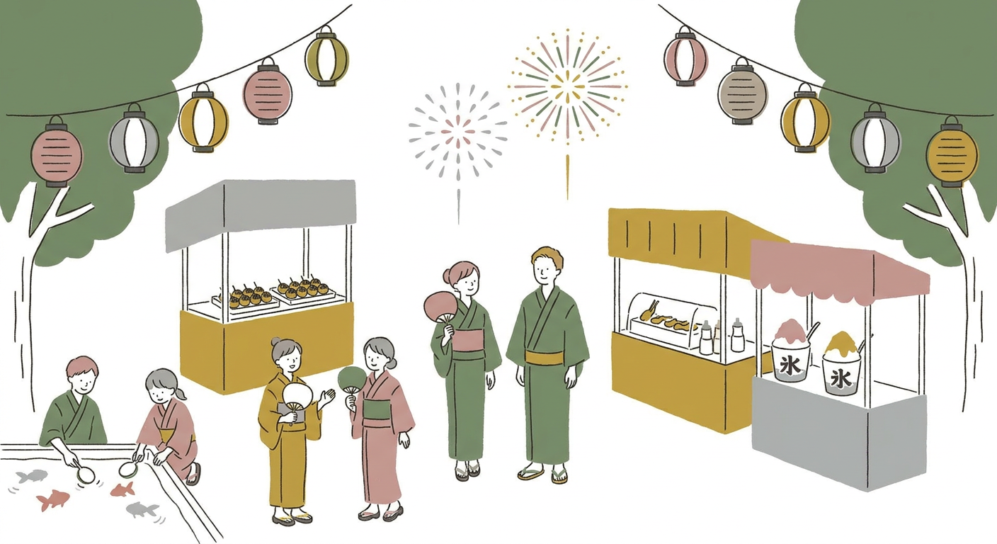 夏祭りの提灯や浴衣など、8月らしい風物詩のイメージ
