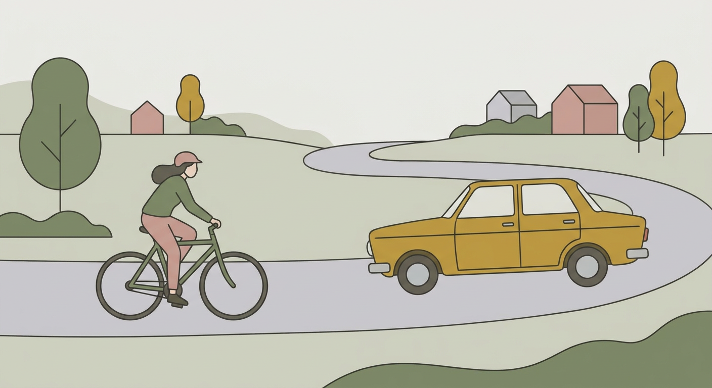道路で自転車の右側を間隔をあけて追い抜く乗用車のイメージ（北欧イラスト風・くすみカラー）