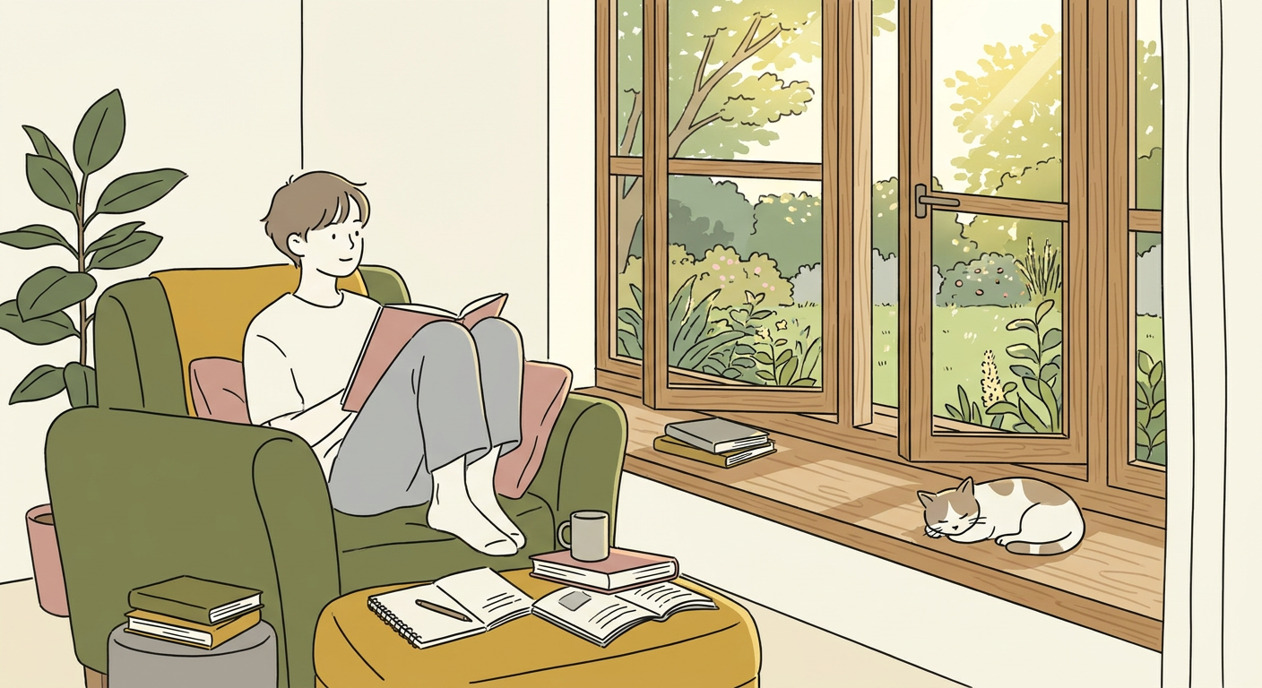 夏の窓辺で一人、本やノートを広げてくつろぐ若者のイメージ。北欧イラスト風、くすみカラー