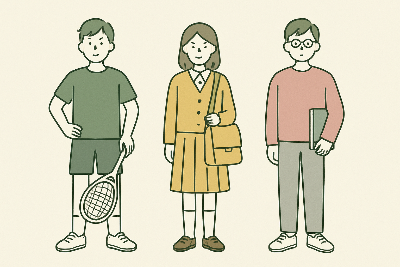 運動系・文化系・帰宅部の3タイプの高校生が並ぶ北欧イラスト風の比較イメージ。くすみカラーでシンプルな線画
