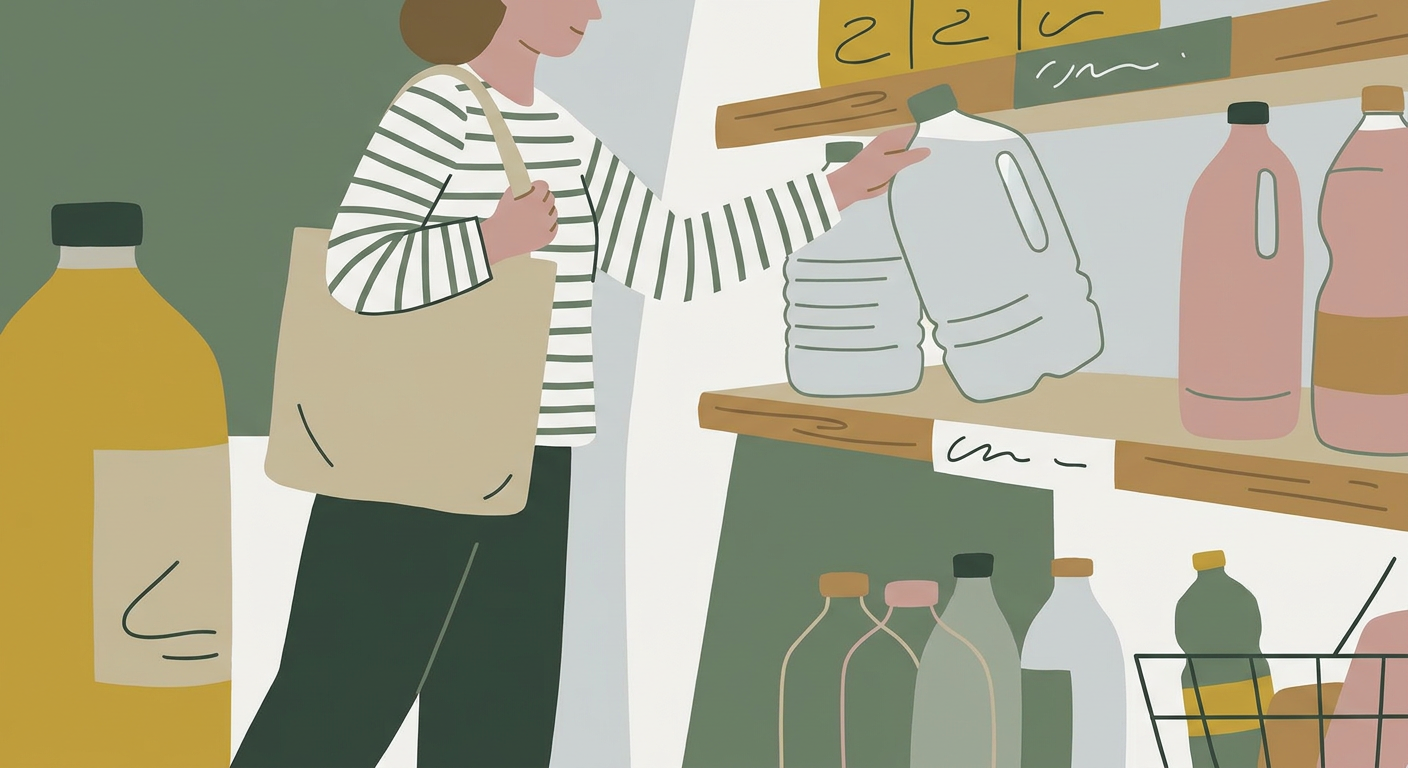 スーパーの飲料売り場で2Lのペットボトルの水を選ぶ人のイメージ。北欧イラスト風、くすみカラー