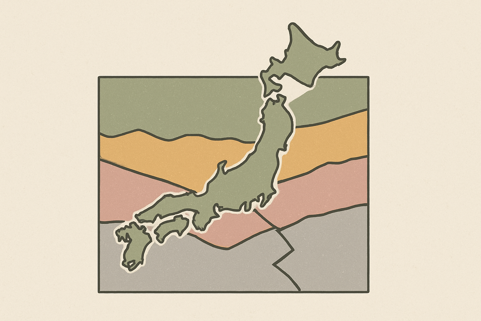関東地方の地下で3枚のプレートが重なるイメージ図（北欧イラスト風・くすみカラー）