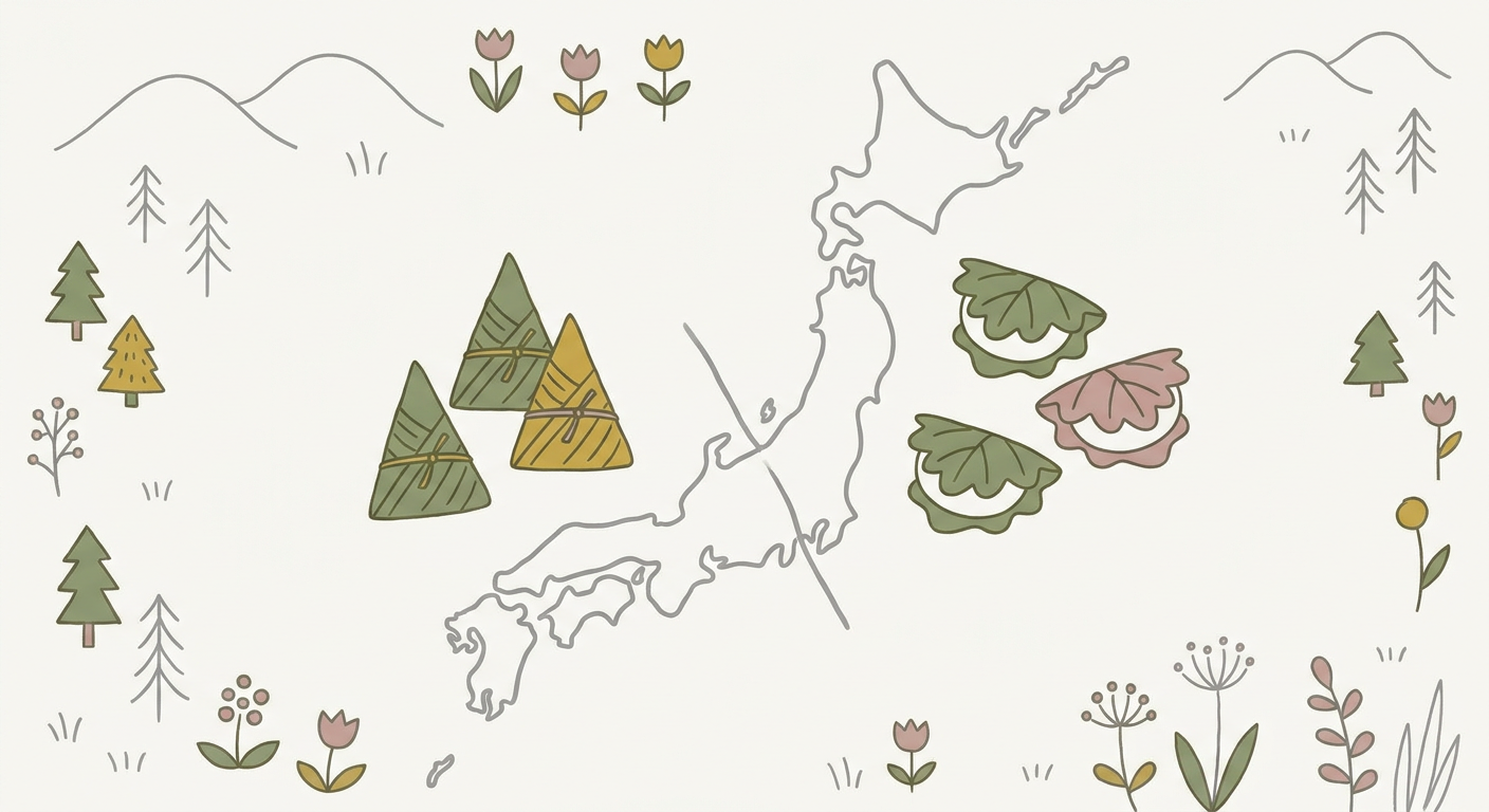 日本地図の東側に柏餅、西側にちまきを配置して東西の文化の違いを表したイラスト、北欧イラスト風のくすみカラー