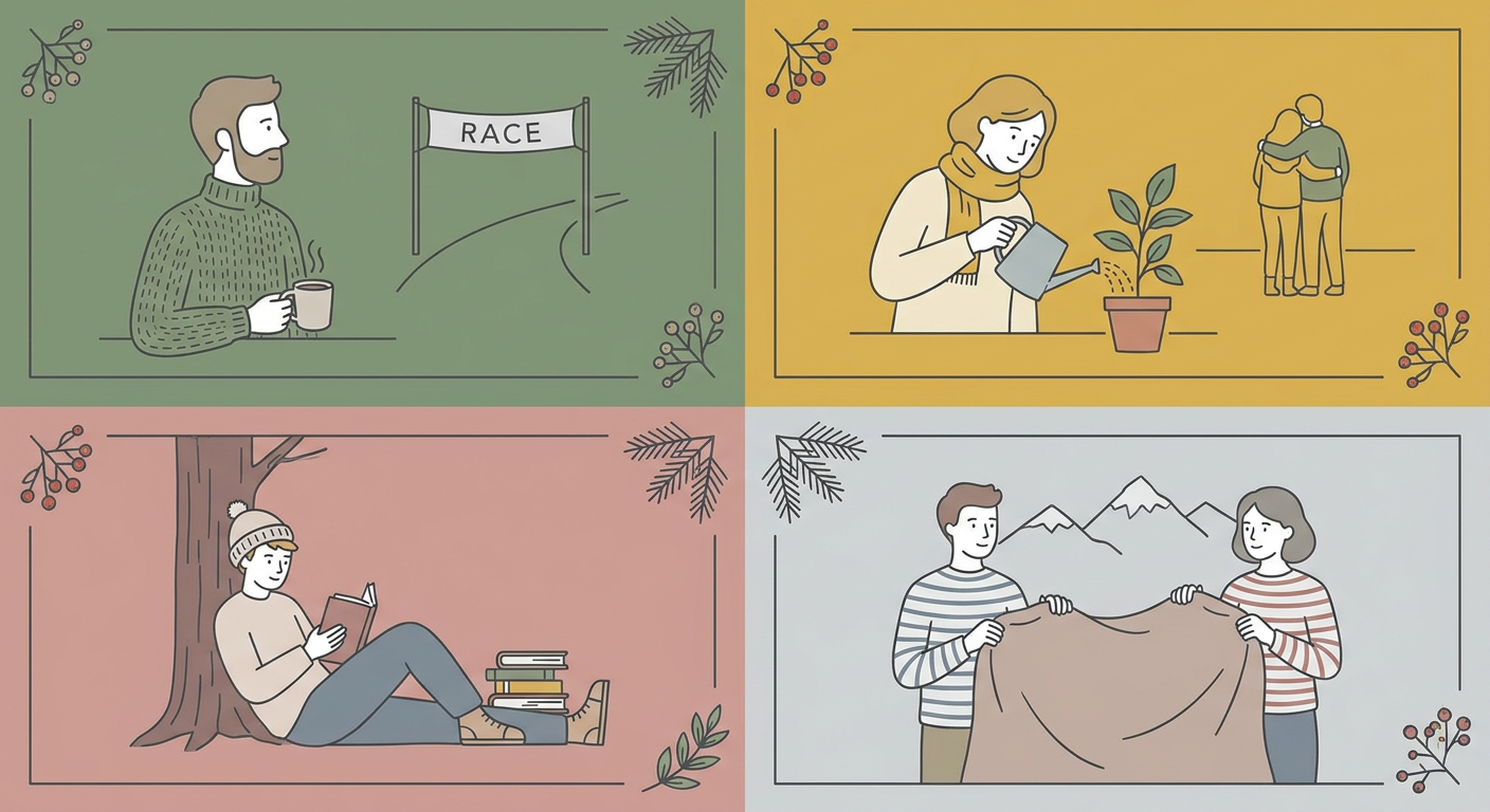 競争が苦手な人の4つのタイプを表す北欧イラスト風の人物アイコン図