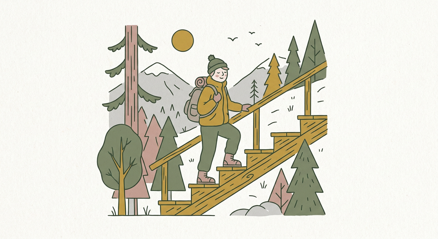 自分のペースで一歩ずつ階段をのぼる人物を描いた北欧イラスト風のイメージ