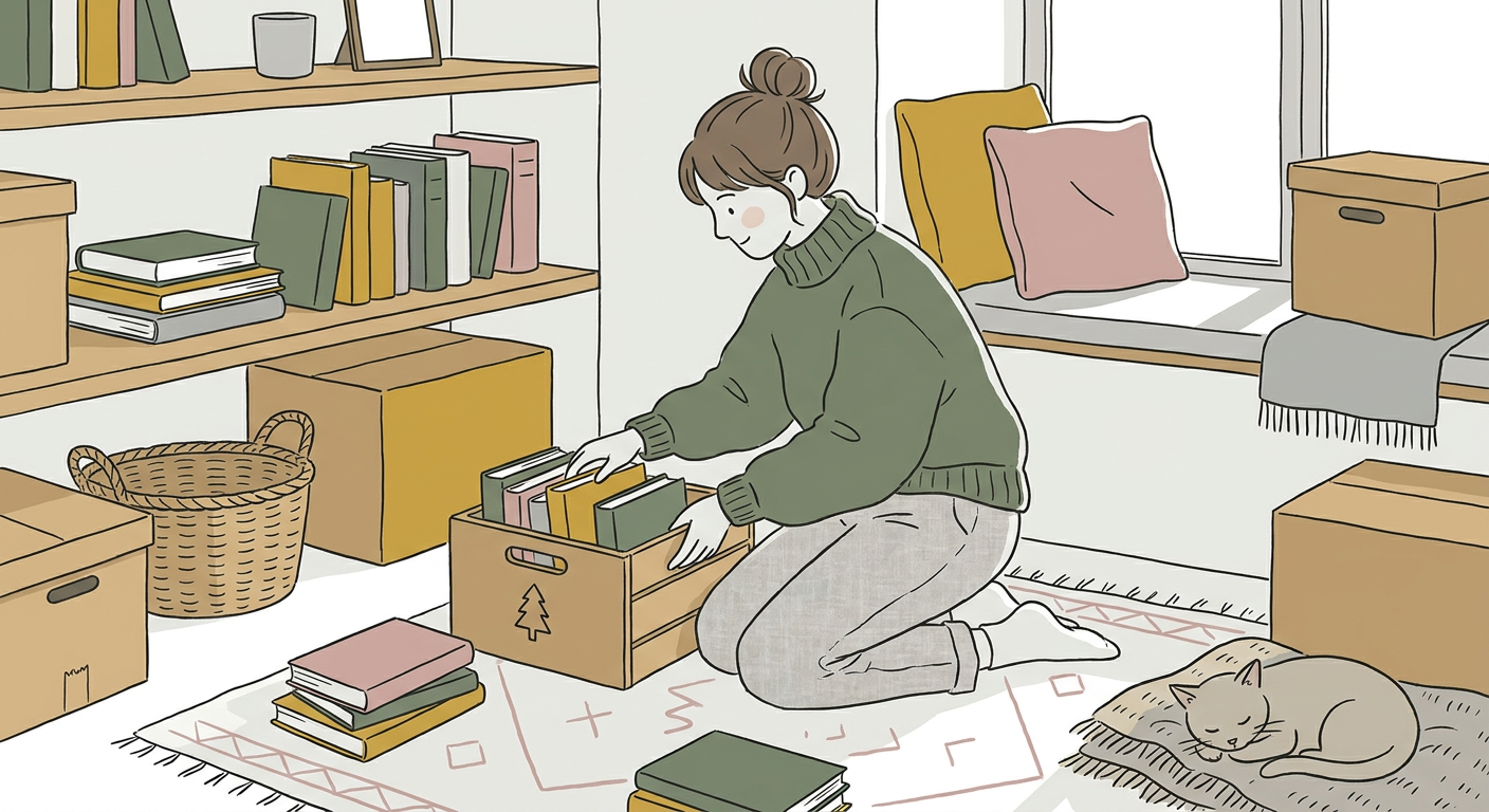 図書館に寄贈するために本をまとめている穏やかな生活シーンのイメージ