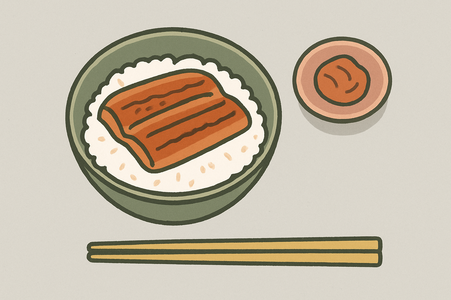 和食の食卓に、うなぎの蒲焼きが乗ったどんぶりと小皿に盛られた赤い梅干しが並んでいる俯瞰シーン。北欧イラスト風のシンプルな線画と、モスグリーンやマスタードなどのくすみカラーで温かみのある雰囲気