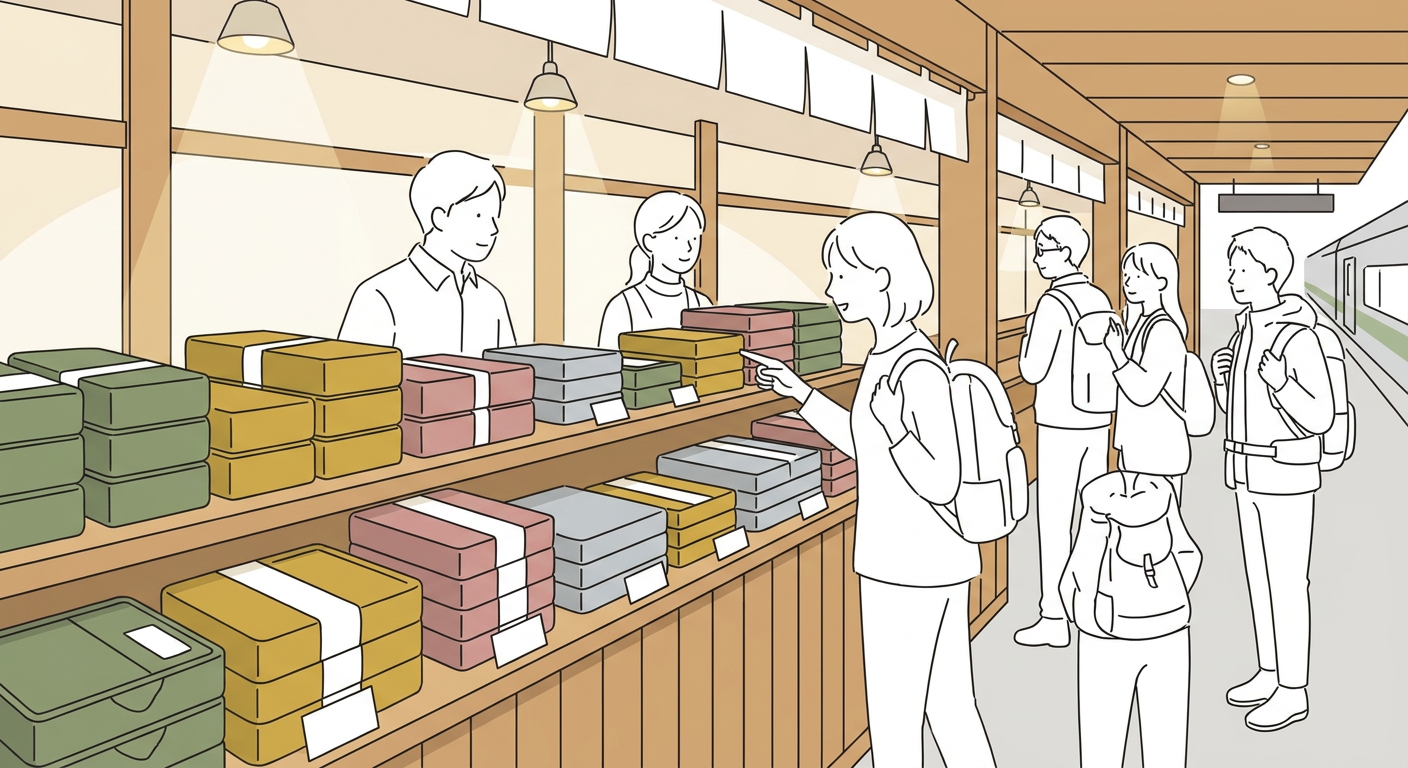 駅弁が並ぶ売り場のイメージ。色とりどりのお弁当が棚に並び、旅行者が選んでいる様子