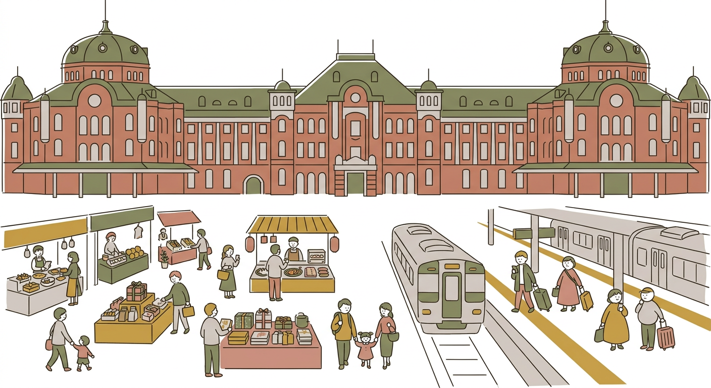 東京駅の駅舎と構内のエキナカ売り場をやさしく描いたイメージ。駅のホームと旅行カバンを持つ人