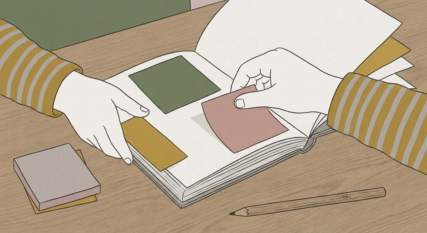 本に色付きの付箋を貼りながら読む小学生の手元のイラスト