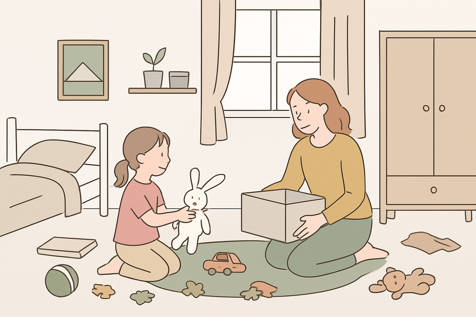 散らかった子ども部屋を親子で一緒に片付けている明るいイメージ