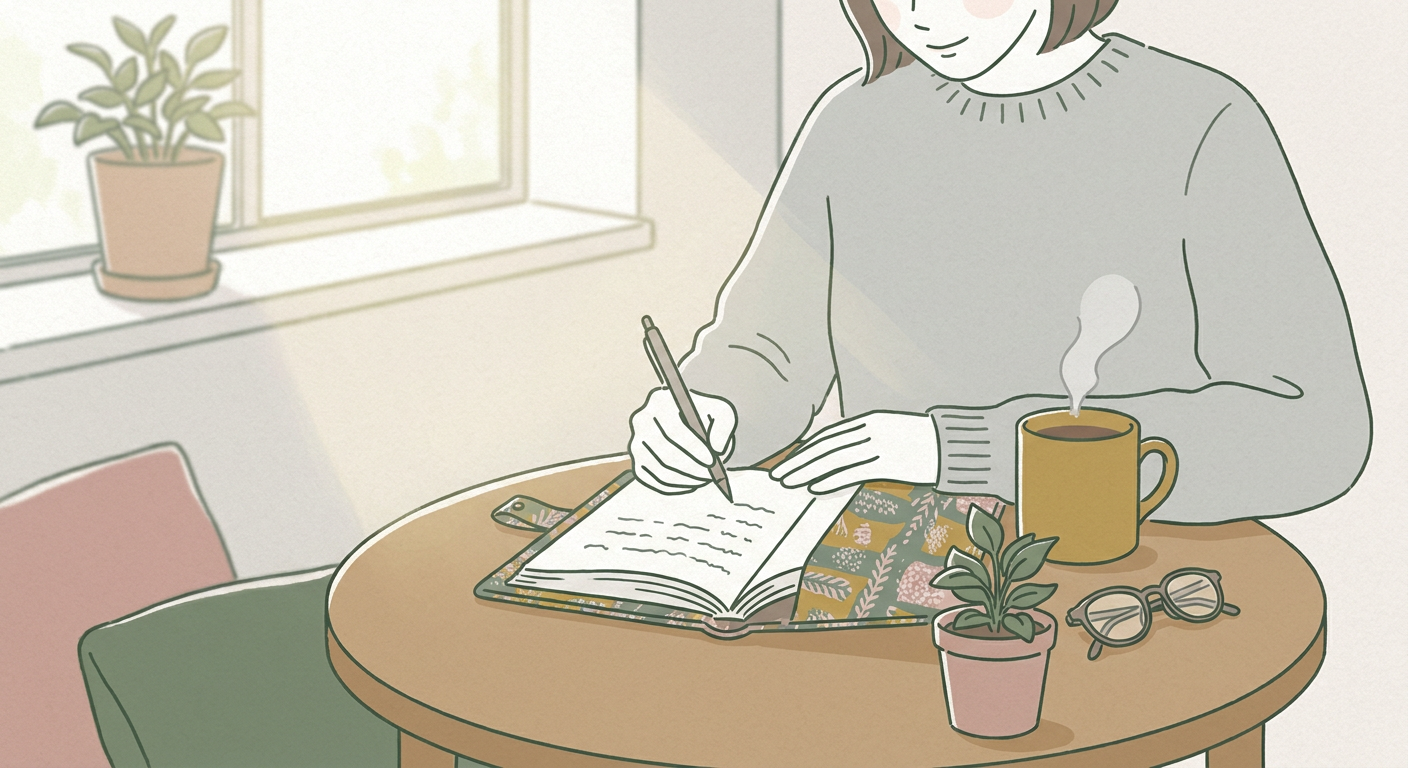 保護者が自宅で連絡帳を開き、小学校の担任の先生への連絡を書いている穏やかな朝の場面のイメージ。北欧イラスト風、くすみカラー