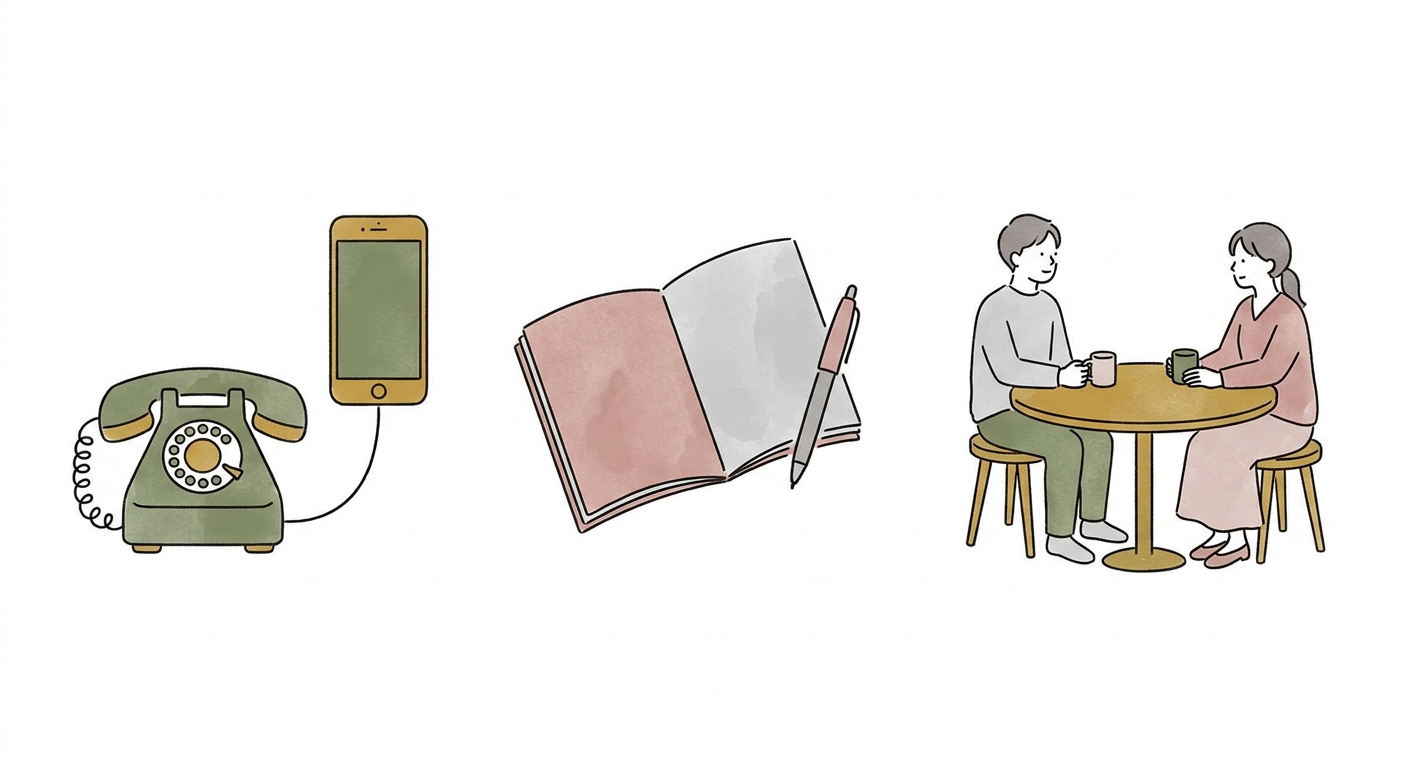 電話・連絡帳・対面の3つの連絡手段を並べて表したイメージ。スマートフォン、ノート、向かい合う2人の机を北欧イラスト風のシンプル線画で