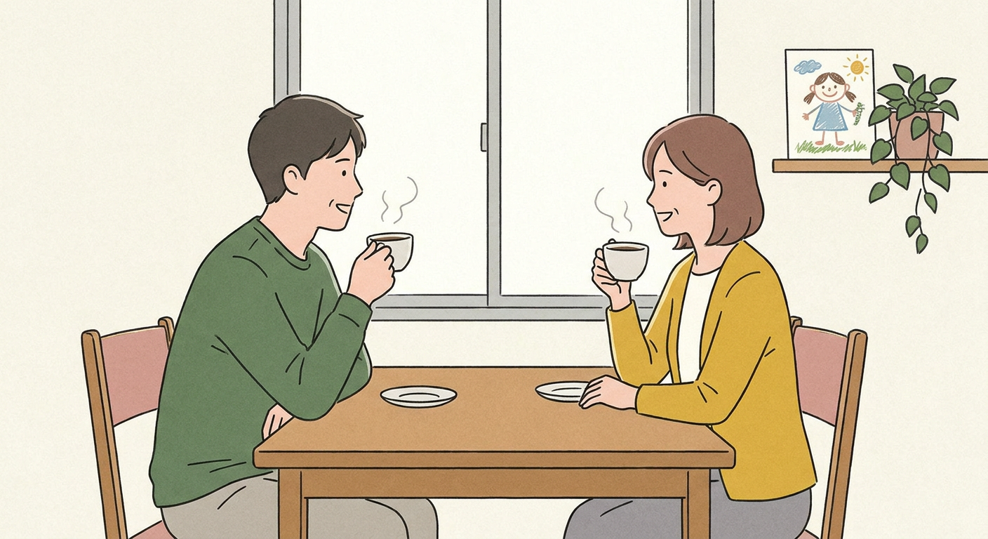 保護者と小学校の先生が机をはさんで穏やかに相談し合っている場面のイメージ。北欧イラスト風、モスグリーンやマスタードのくすみカラー