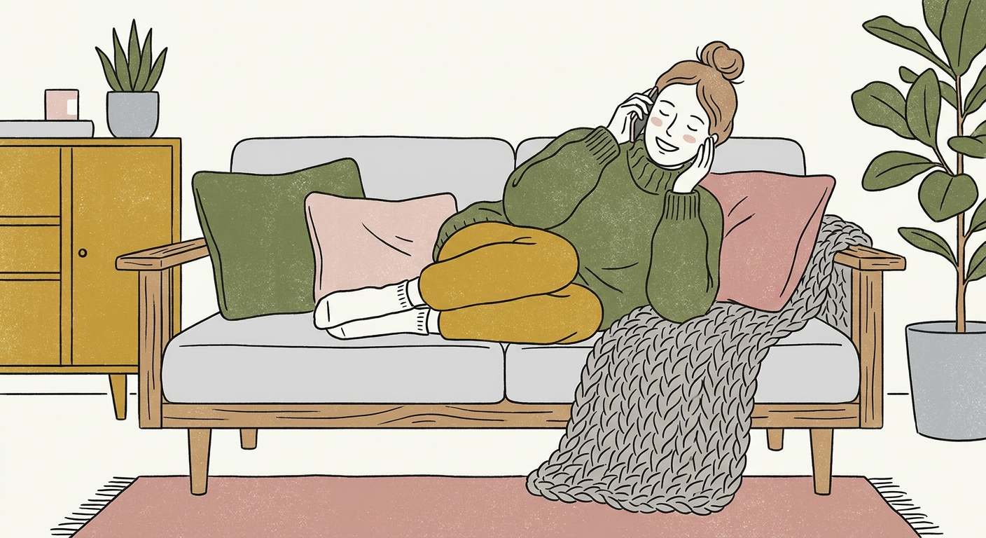 ソファでリラックスして笑顔で通話する女性のイメージ