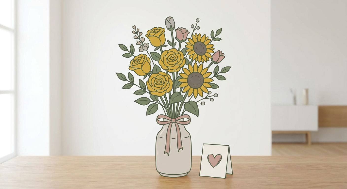 父の日に贈る黄色いバラとひまわりの花束のイメージ