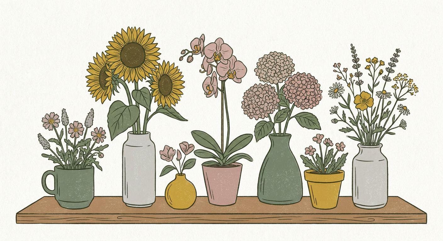 父の日におすすめのひまわり・胡蝶蘭・あじさいなど複数の花を並べたイメージ