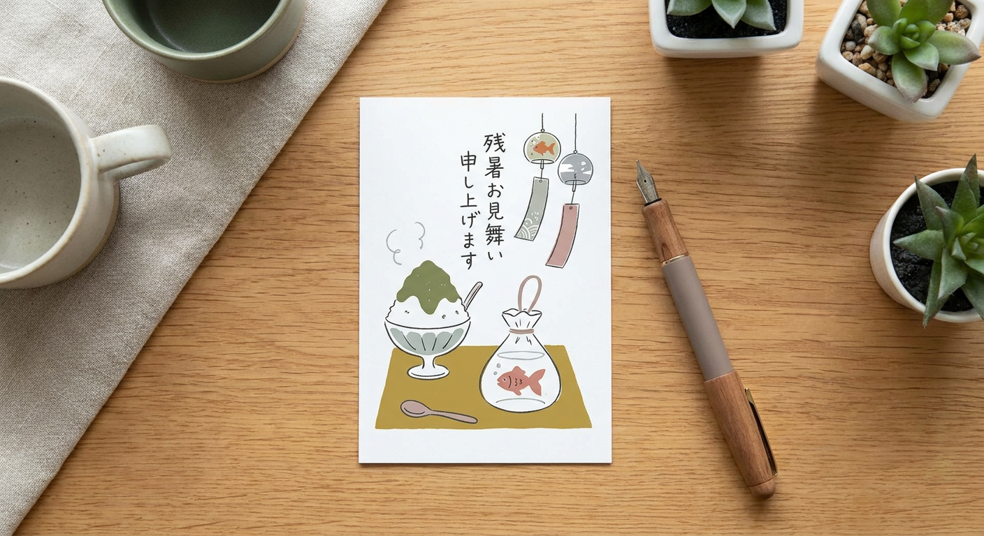 夏らしい涼しげな残暑見舞いのはがきと万年筆を机に置いた俯瞰イメージ、北欧イラスト風