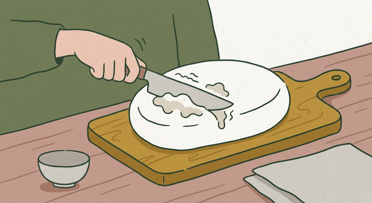 包丁で切ろうとして餅がくっついている様子のイメージ