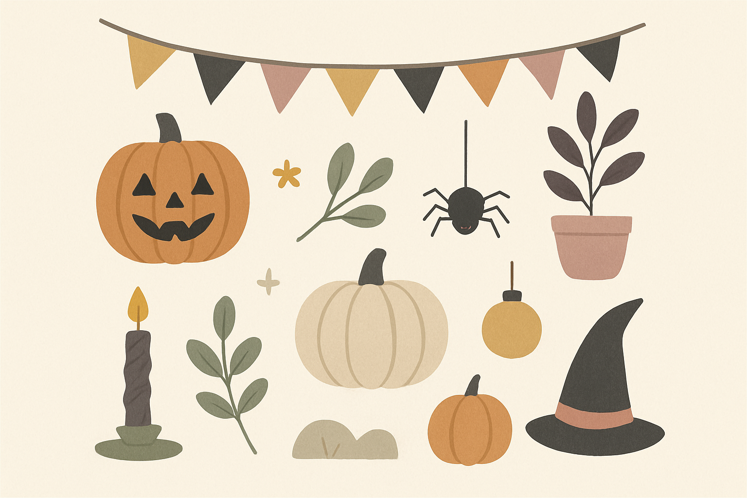 オレンジ・黒・紫を基調にしたハロウィンの装飾やかぼちゃランタンを北欧イラスト風にあしらったイメージ