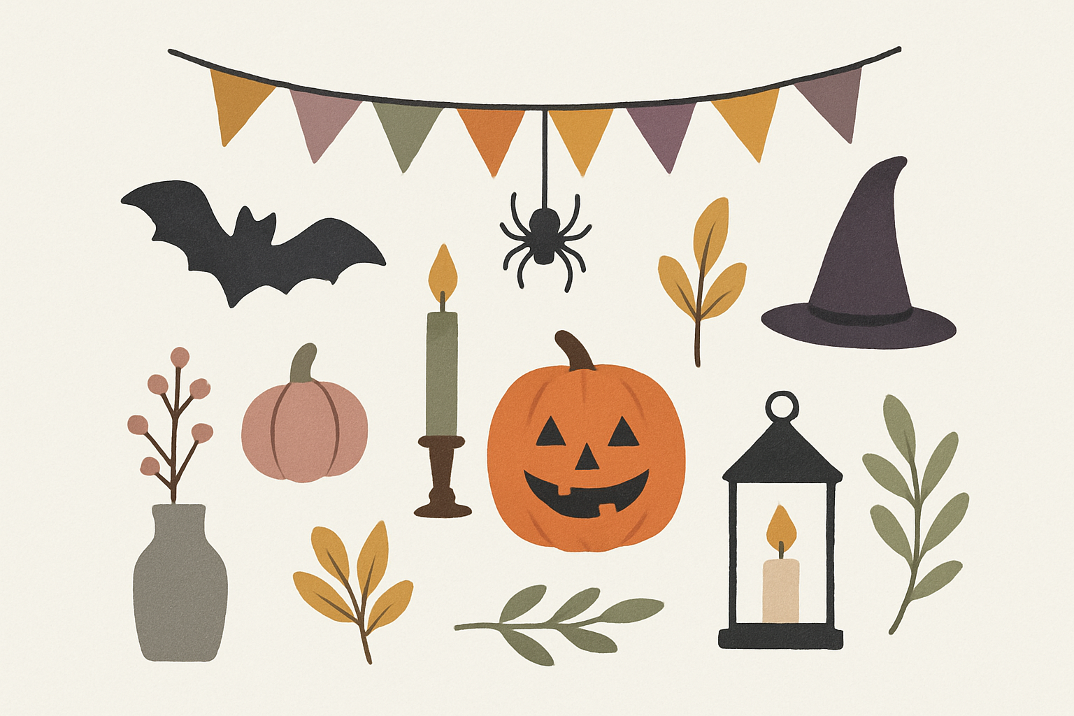 オレンジと黒や紫を組み合わせたおしゃれなハロウィンの飾り付けを北欧イラスト風にまとめた配色イメージ