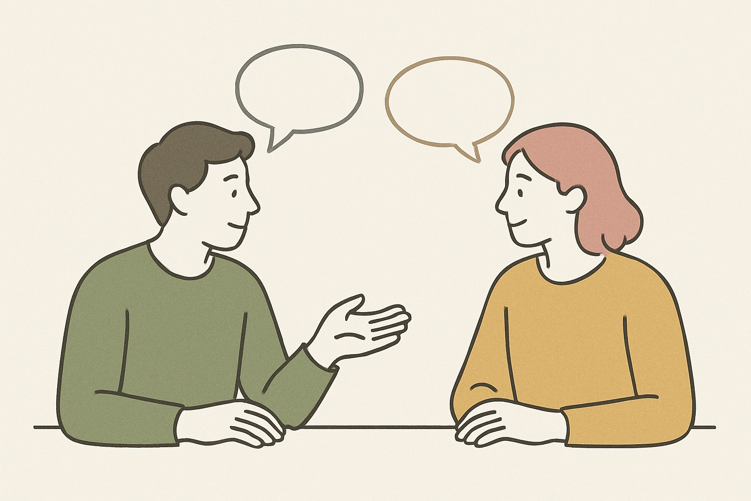 向かい合って穏やかに会話する二人の人物、吹き出しを交わしながらお互いを尊重して話している様子、温かく前向きなコミュニケーションのイメージ