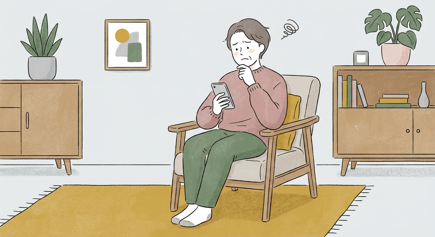 スマホを見ながら返信に悩む人のやわらかいイラスト、北欧風くすみカラー