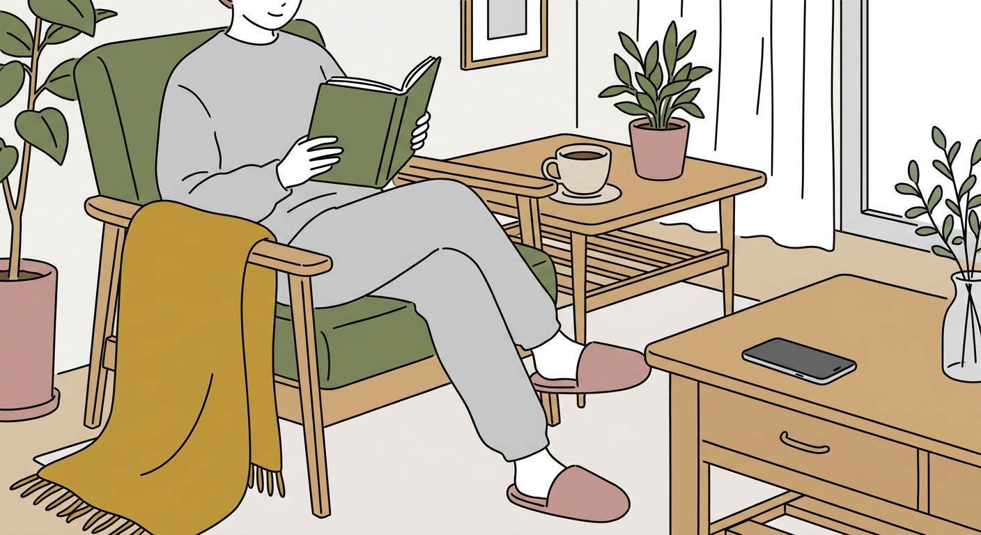 スマホを置いて読書やコーヒーでリラックスする人の北欧風イラスト