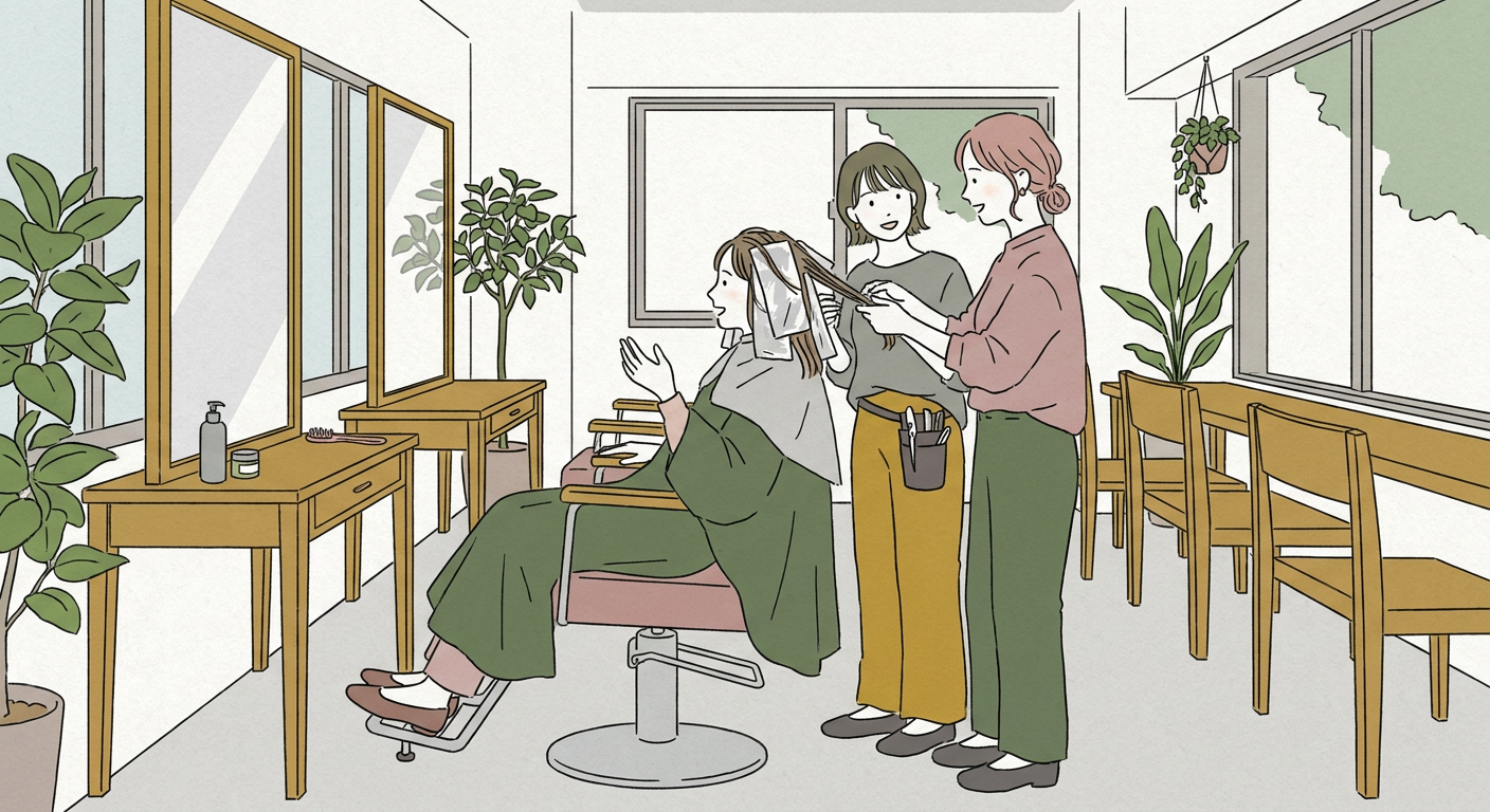 美容室でヘアカラーをしている女子大学生のイメージ