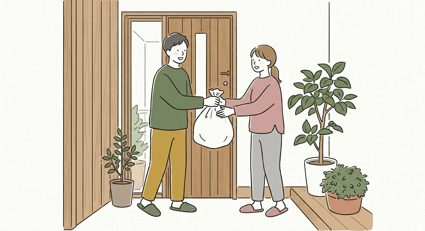 朝の玄関先で夫婦が笑顔で会話しながらゴミ袋を手渡す穏やかなシーン