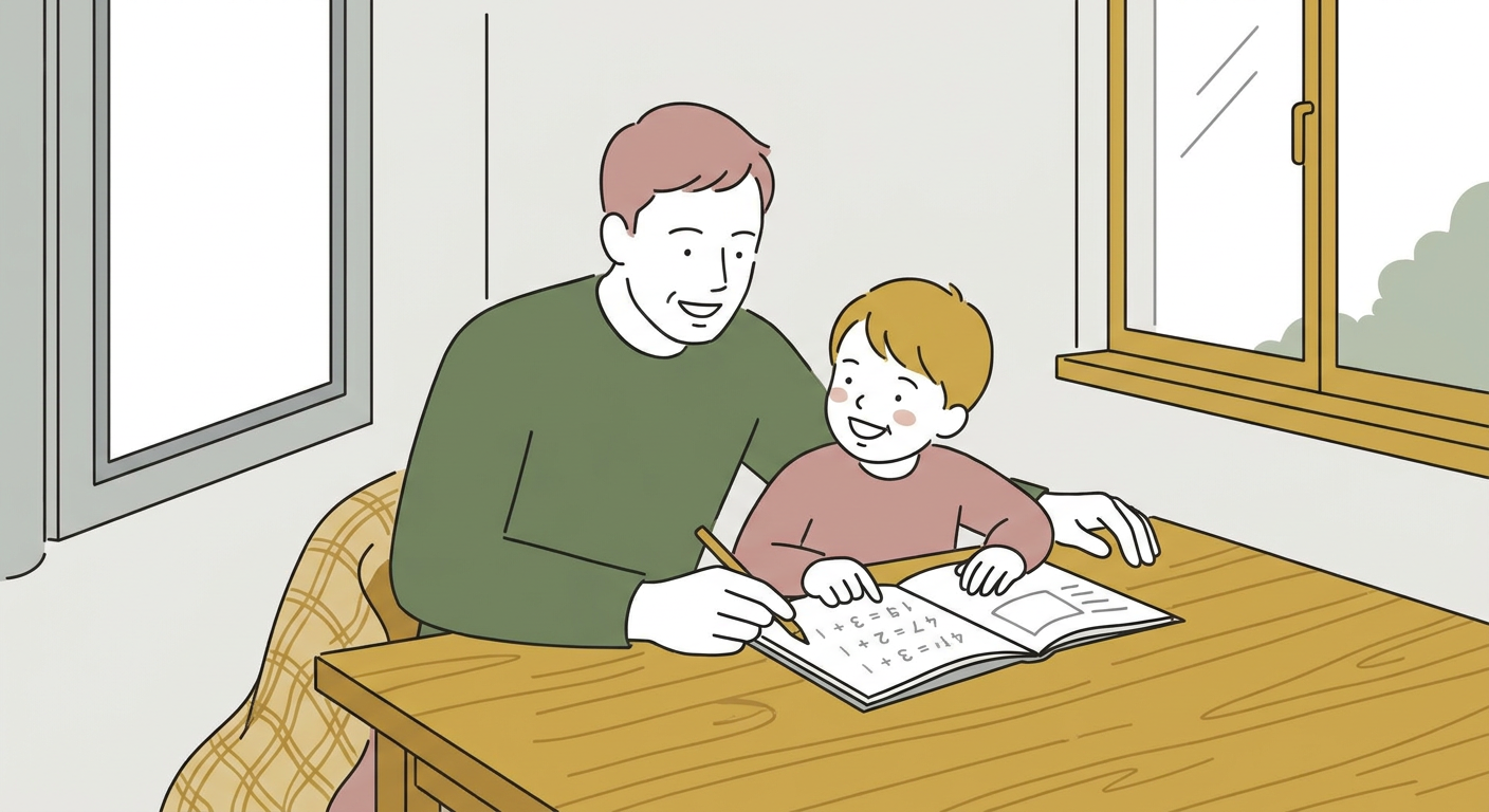 親子で計算ドリルに取り組む低学年の子どものイメージ